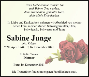 Traueranzeige von Sabine Junge (geb. Krüger)  von Magdeburger Volksstimme