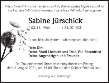 Traueranzeige von Sabine Jürschick  von Magdeburger Volksstimme