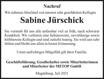 Traueranzeige von Sabine Jürschick  von Magdeburger Volksstimme