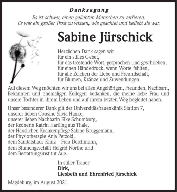 Traueranzeige von Sabine Jürschick  von Magdeburger Volksstimme