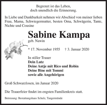 Traueranzeige von Sabine Kampa (geb. Nawin)  von Magdeburger Volksstimme