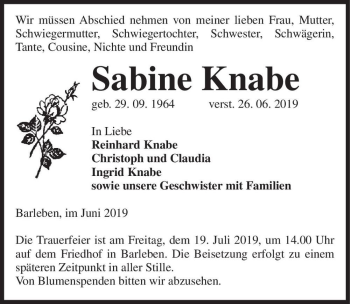 Traueranzeige von Sabine Knabe  von Magdeburger Volksstimme