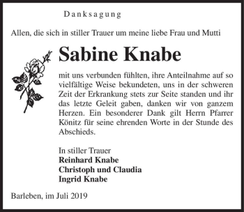 Traueranzeige von Sabine Knabe  von Magdeburger Volksstimme