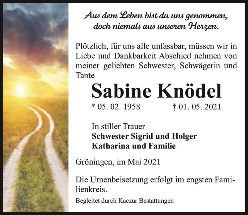  Traueranzeige für Sabine Knödel  vom 05.05.2021 aus Magdeburger Volksstimme