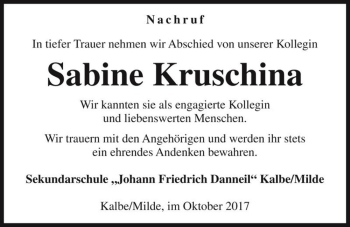 Traueranzeige von Sabine Kruschina  von Magdeburger Volksstimme