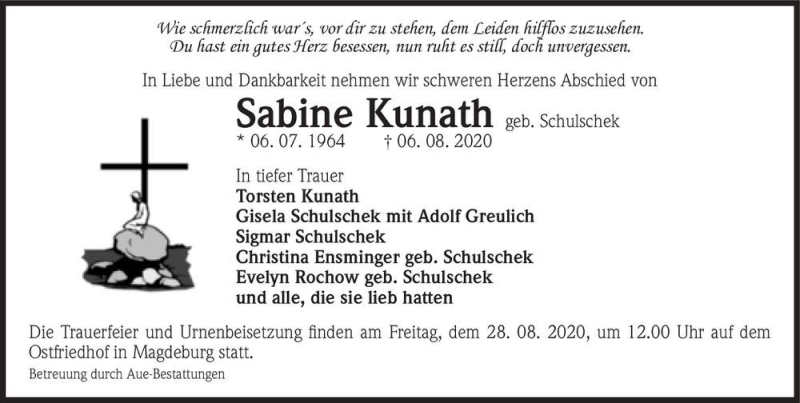  Traueranzeige für Sabine Kunath (geb. Schulschek)  vom 15.08.2020 aus Magdeburger Volksstimme