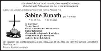 Traueranzeige von Sabine Kunath (geb. Schulschek)  von Magdeburger Volksstimme
