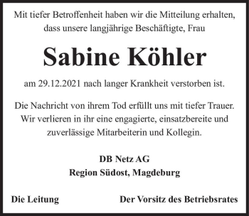 Traueranzeige von Sabine Köhler  von Magdeburger Volksstimme