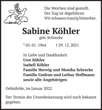 Traueranzeige von Sabine Köhler (geb. Schrecke)  von Magdeburger Volksstimme