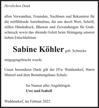 Traueranzeige von Sabine Köhler (geb. Schrecke)  von Magdeburger Volksstimme