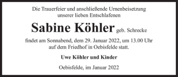 Traueranzeige von Sabine Köhler (geb. Schrecke)  von Magdeburger Volksstimme