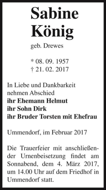 Traueranzeige von Sabine König (geb. Drewes)  von Magdeburger Volksstimme