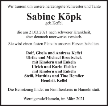 Traueranzeige von Sabine Köpk (geb. Keffel)  von Magdeburger Volksstimme