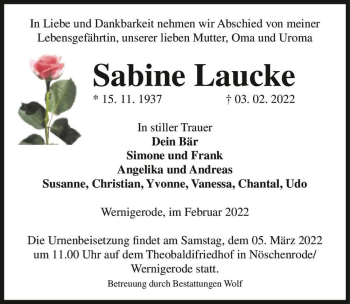 Traueranzeige von Sabine Laucke  von Magdeburger Volksstimme