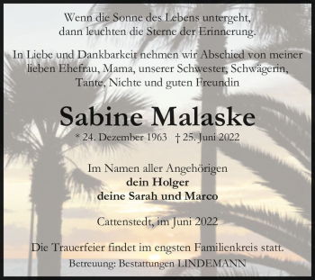 Traueranzeige von Sabine Malaske  von Magdeburger Volksstimme