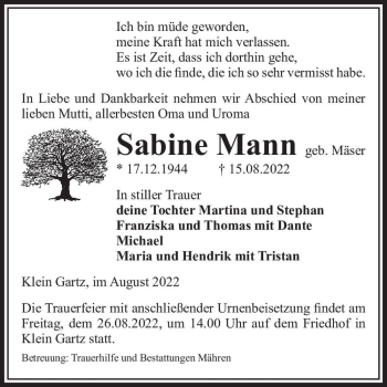 Traueranzeige von Sabine Mann (geb. Mäser)  von Magdeburger Volksstimme