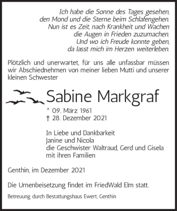 Traueranzeige von Sabine Markgraf  von Magdeburger Volksstimme