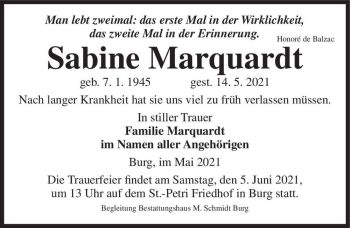 Traueranzeige von Sabine Marquardt  von Magdeburger Volksstimme