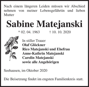 Traueranzeige von Sabine Matejanski  von Magdeburger Volksstimme