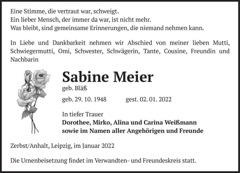  Traueranzeige für Sabine Meier (geb. Bläß)  vom 08.01.2022 aus Magdeburger Volksstimme