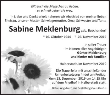 Traueranzeige von Sabine Meklenburg (geb. Buschendorf)  von Magdeburger Volksstimme