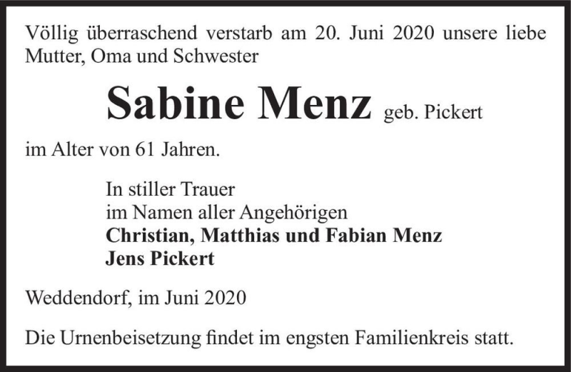  Traueranzeige für Sabine Menz (geb. Pickert)  vom 24.06.2020 aus Magdeburger Volksstimme