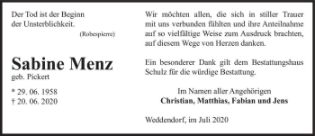 Traueranzeige von Sabine Menz (geb. Pickert)  von Magdeburger Volksstimme