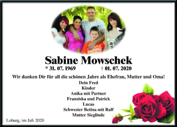 Traueranzeige von Sabine Mowschek  von Magdeburger Volksstimme