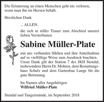 Traueranzeige von Sabine Müller-Plate  von Magdeburger Volksstimme