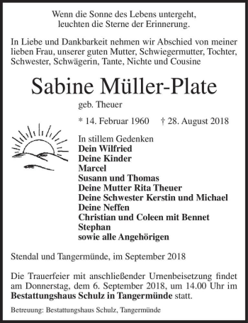 Traueranzeige von Sabine Müller-Plate (geb. Theuer)  von Magdeburger Volksstimme