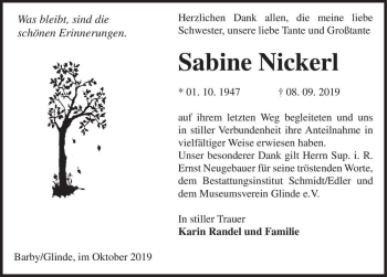 Traueranzeige von Sabine Nickerl  von Magdeburger Volksstimme