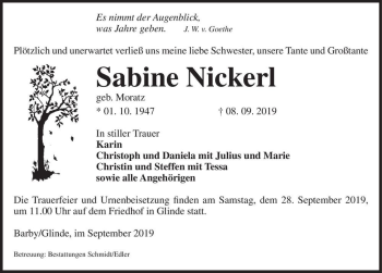 Traueranzeige von Sabine Nickerl (geb. Moratz)  von Magdeburger Volksstimme