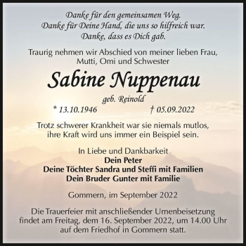 Traueranzeige von Sabine Nuppenau (geb. Reinold)  von Magdeburger Volksstimme