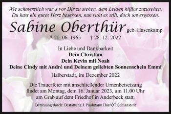 Traueranzeige von Sabine Oberthür (geb. Hasenkamp)  von Magdeburger Volksstimme