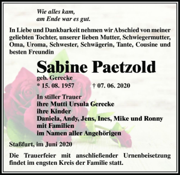 Traueranzeige von Sabine Paetzold (geb. Gerecke)  von Magdeburger Volksstimme