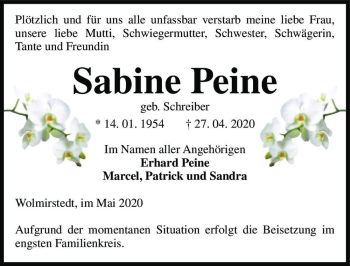 Traueranzeige von Sabine Peine (geb. Schreiber)  von Magdeburger Volksstimme