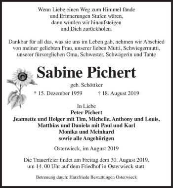Traueranzeige von Sabine Pichert (geb. Schöttker)  von Magdeburger Volksstimme
