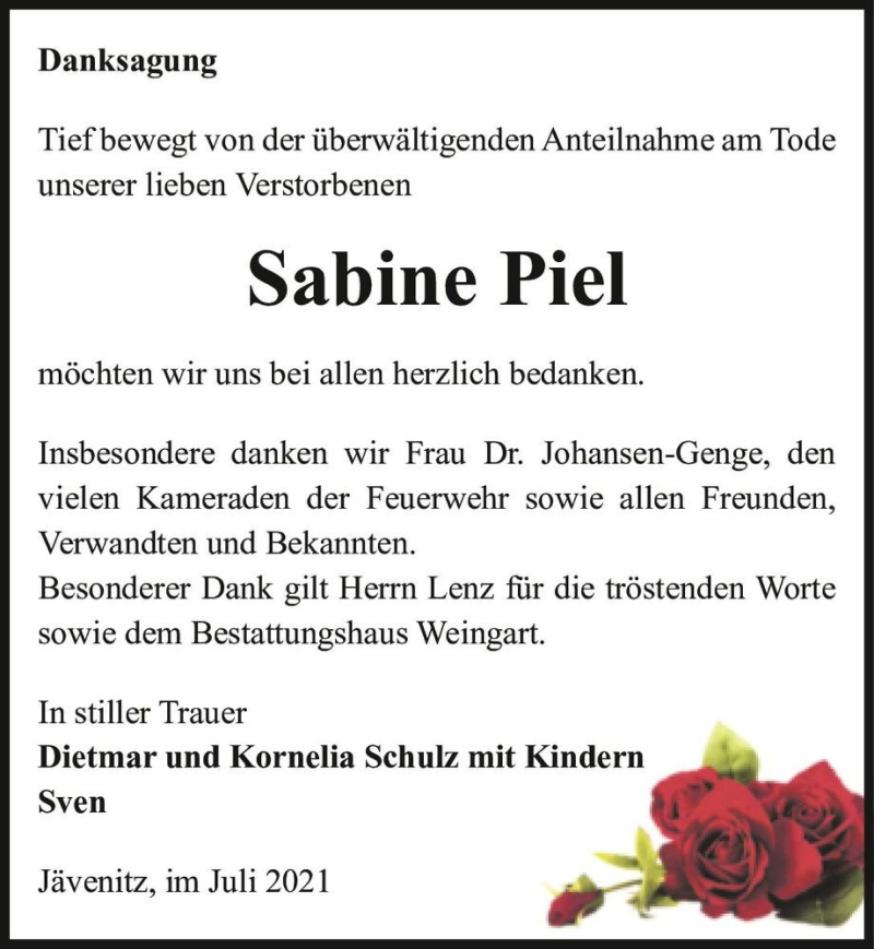  Traueranzeige für Sabine Piel  vom 29.07.2021 aus Magdeburger Volksstimme