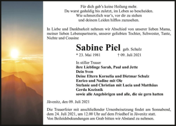 Traueranzeige von Sabine Piel (geb. Schulz)  von Magdeburger Volksstimme