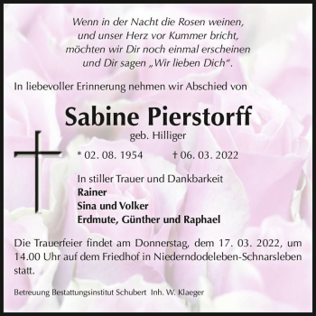 Traueranzeige von Sabine Pierstorff (geb. Hilliger)  von Magdeburger Volksstimme