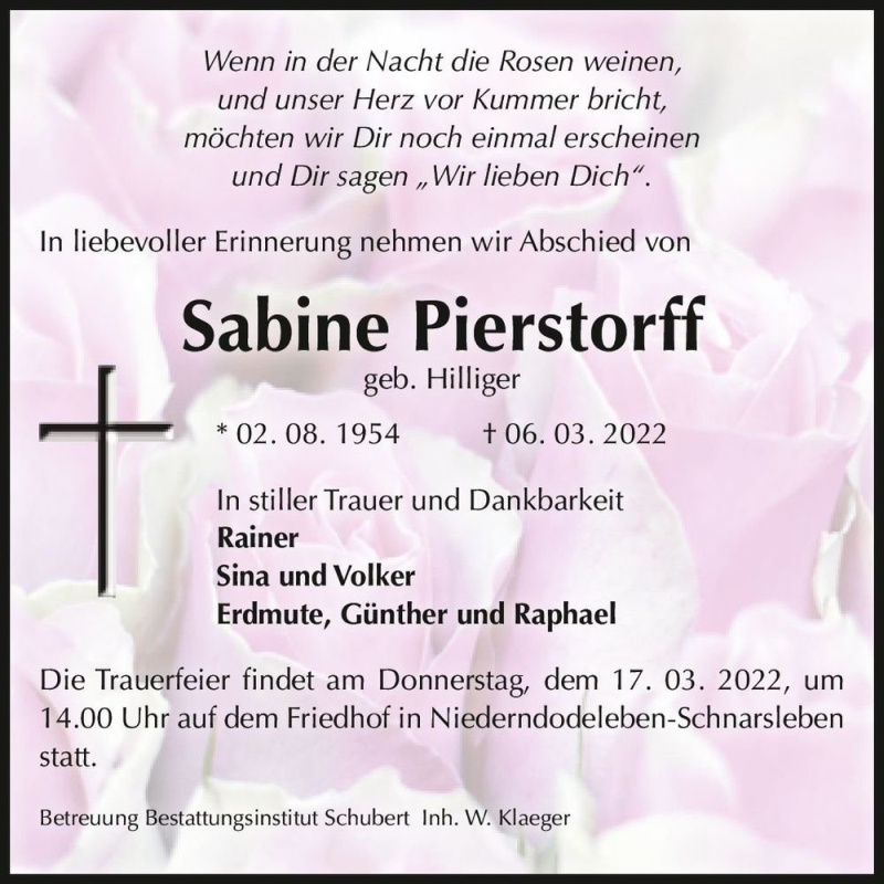  Traueranzeige für Sabine Pierstorff (geb. Hilliger)  vom 12.03.2022 aus Magdeburger Volksstimme