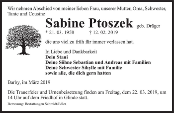 Traueranzeige von Sabine Ptoszek (geb. Dräger)  von Magdeburger Volksstimme