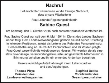 Traueranzeige von Sabine Quest  von Magdeburger Volksstimme