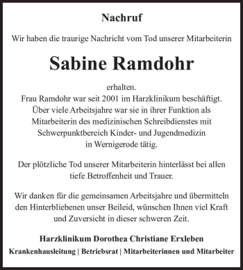 Traueranzeige von Sabine Ramdohr  von Magdeburger Volksstimme
