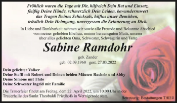 Traueranzeige von Sabine Ramdohr (geb. Zander)  von Magdeburger Volksstimme