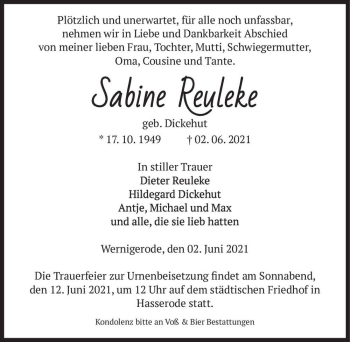 Traueranzeige von Sabine Reuleke (geb. Dickehut)  von Magdeburger Volksstimme
