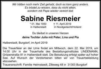 Traueranzeige von Sabine Riesmeier  von Magdeburger Volksstimme