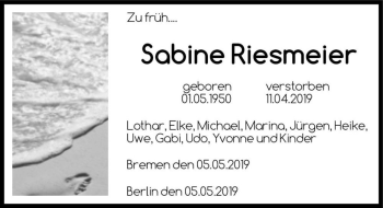 Traueranzeige von Sabine Riesmeier  von Magdeburger Volksstimme
