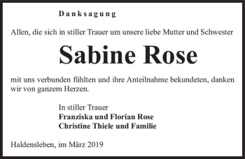 Traueranzeige von Sabine Rose  von Magdeburger Volksstimme