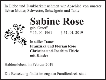 Traueranzeige von Sabine Rose (geb. Graeff)  von Magdeburger Volksstimme